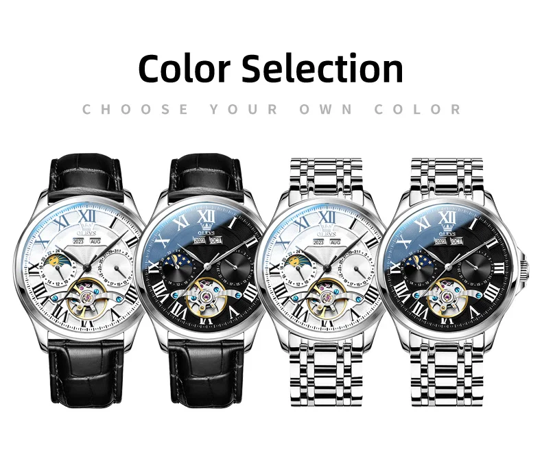 OLEVS 7013 Men's Watch Fashion Moon Phase Mechanical Watch For Men Waterproof Roman Scale Hollow Flywheel Automatic Hand Clock