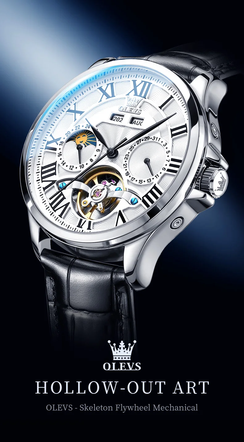 OLEVS 7013 Men's Watch Fashion Moon Phase Mechanical Watch For Men Waterproof Roman Scale Hollow Flywheel Automatic Hand Clock