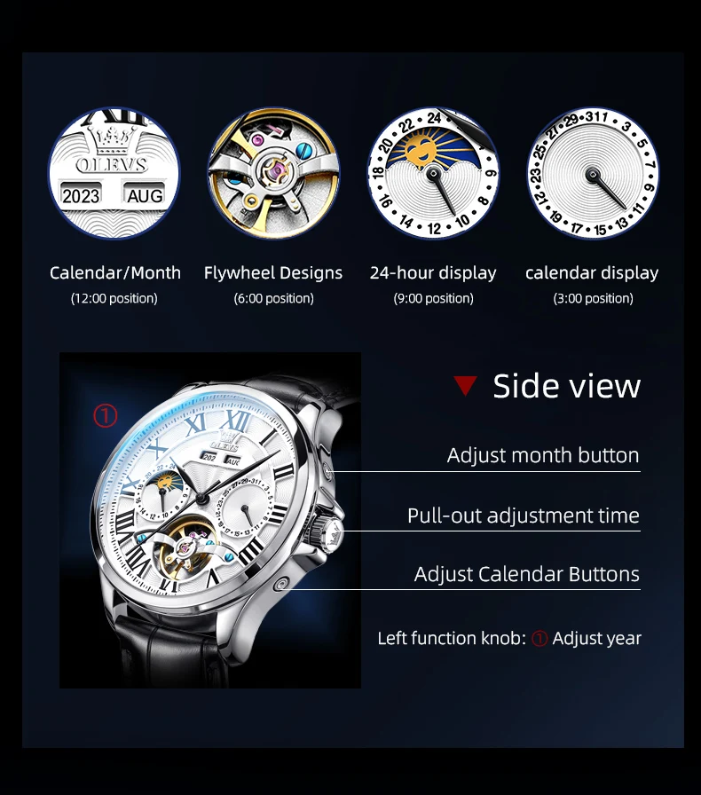 OLEVS 7013 Men's Watch Fashion Moon Phase Mechanical Watch For Men Waterproof Roman Scale Hollow Flywheel Automatic Hand Clock