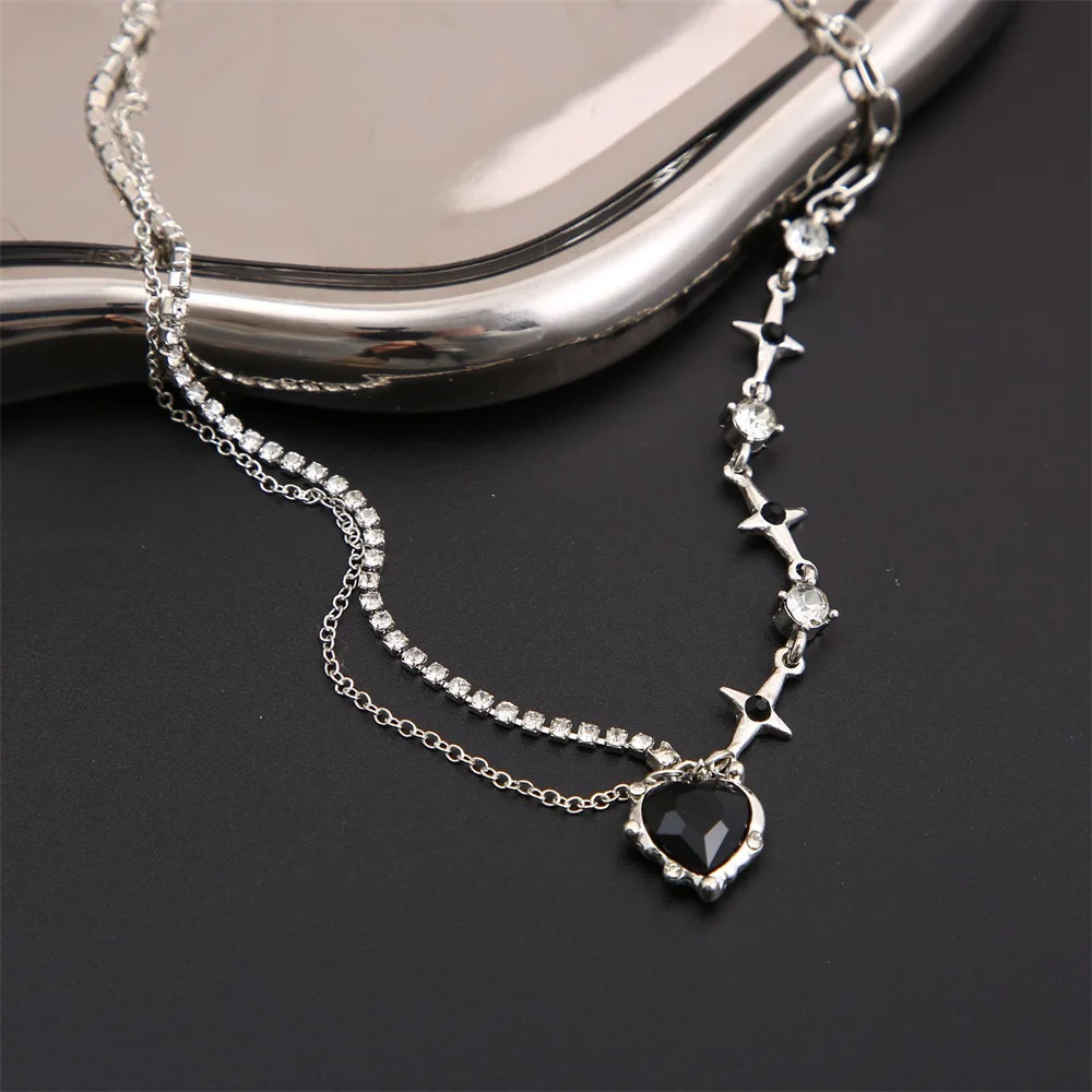 SUMENG 2024 Purple Pink Black Crystal Heart Pendant Necklace Sweet Cool Girl Punk Clavicle Chain For Women Fashion Jewelry Gifts