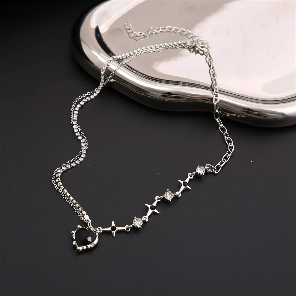 SUMENG 2024 Purple Pink Black Crystal Heart Pendant Necklace Sweet Cool Girl Punk Clavicle Chain For Women Fashion Jewelry Gifts
