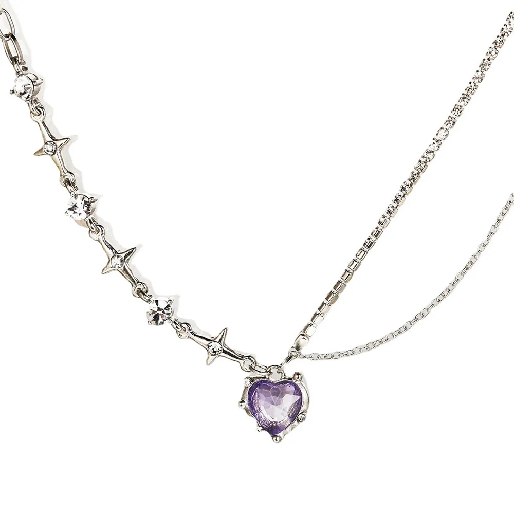 SUMENG 2024 Purple Pink Black Crystal Heart Pendant Necklace Sweet Cool Girl Punk Clavicle Chain For Women Fashion Jewelry Gifts