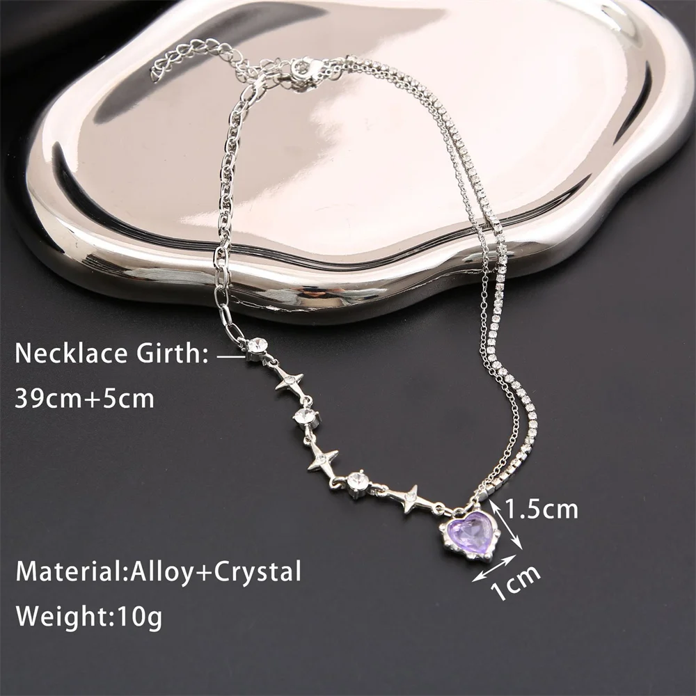 SUMENG 2024 Purple Pink Black Crystal Heart Pendant Necklace Sweet Cool Girl Punk Clavicle Chain For Women Fashion Jewelry Gifts