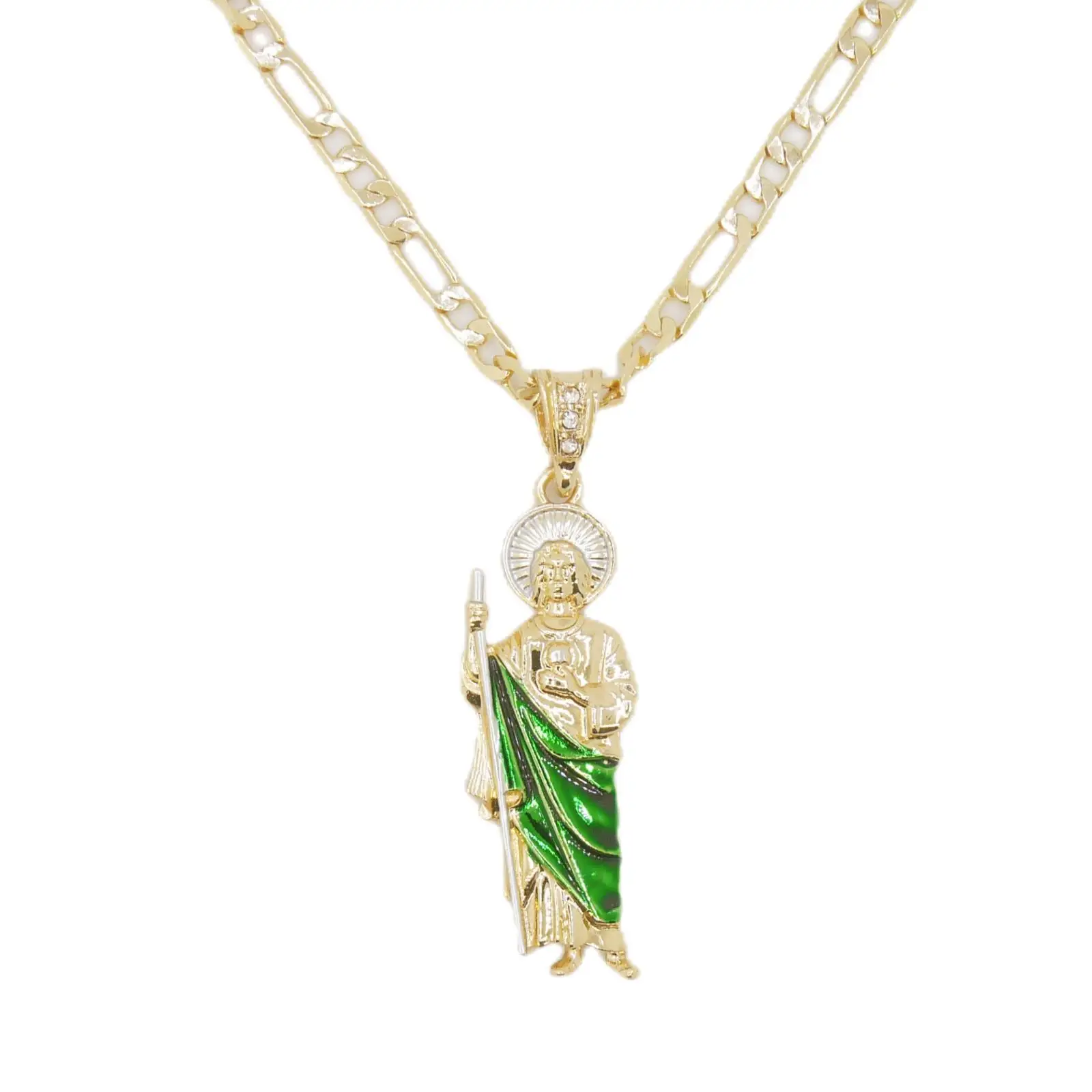 Saint Jude Necklace 14K Gold Plated San Judas Pendant Figaro Chain