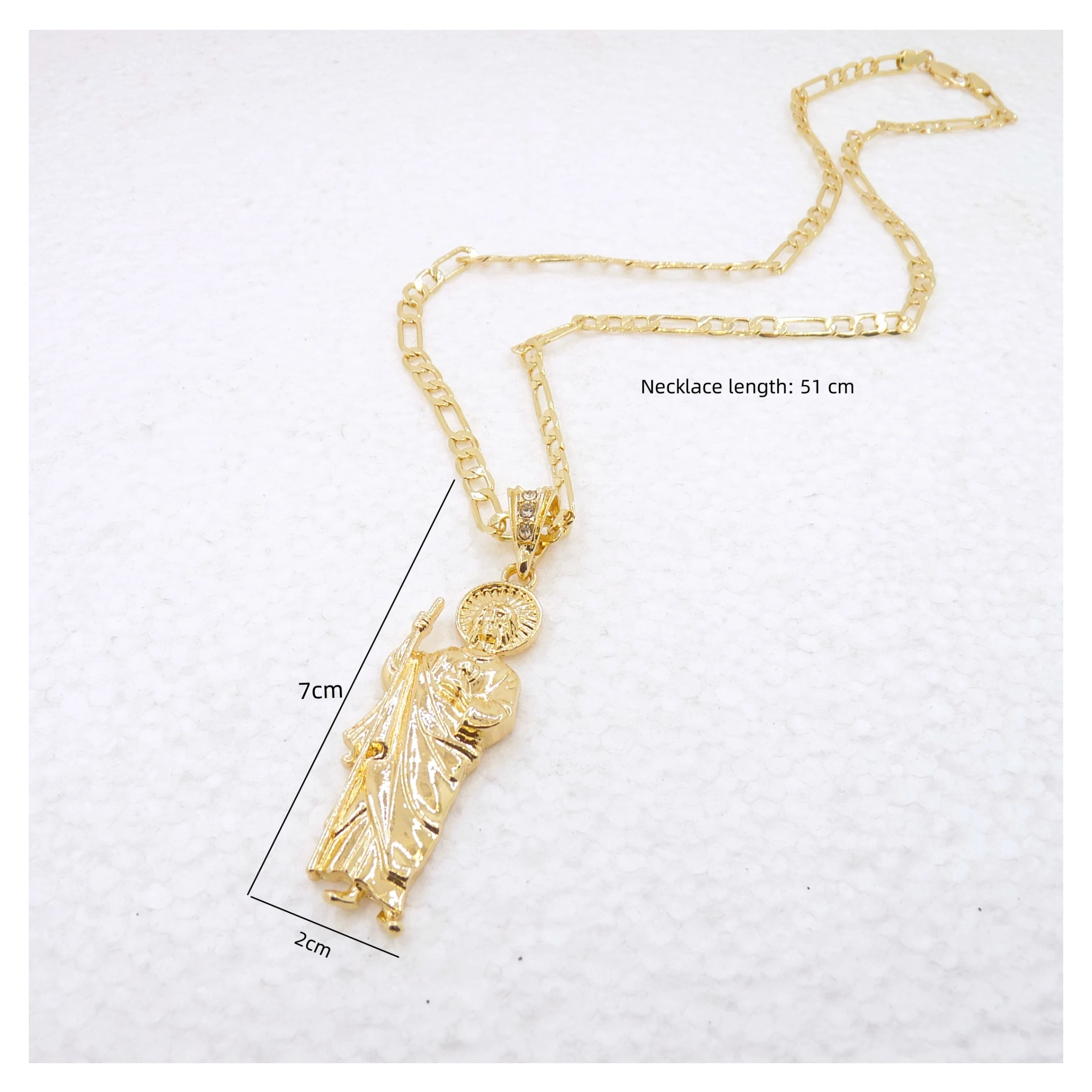 Saint Jude Necklace 14K Gold Plated San Judas Pendant Figaro Chain