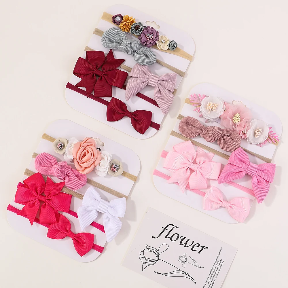 Sweet Elastic Headbands for Baby Girl New Bowknot Knit Nylon Headbands 5Pcs/set Pretty Flower Hairbands Decoration Headwear