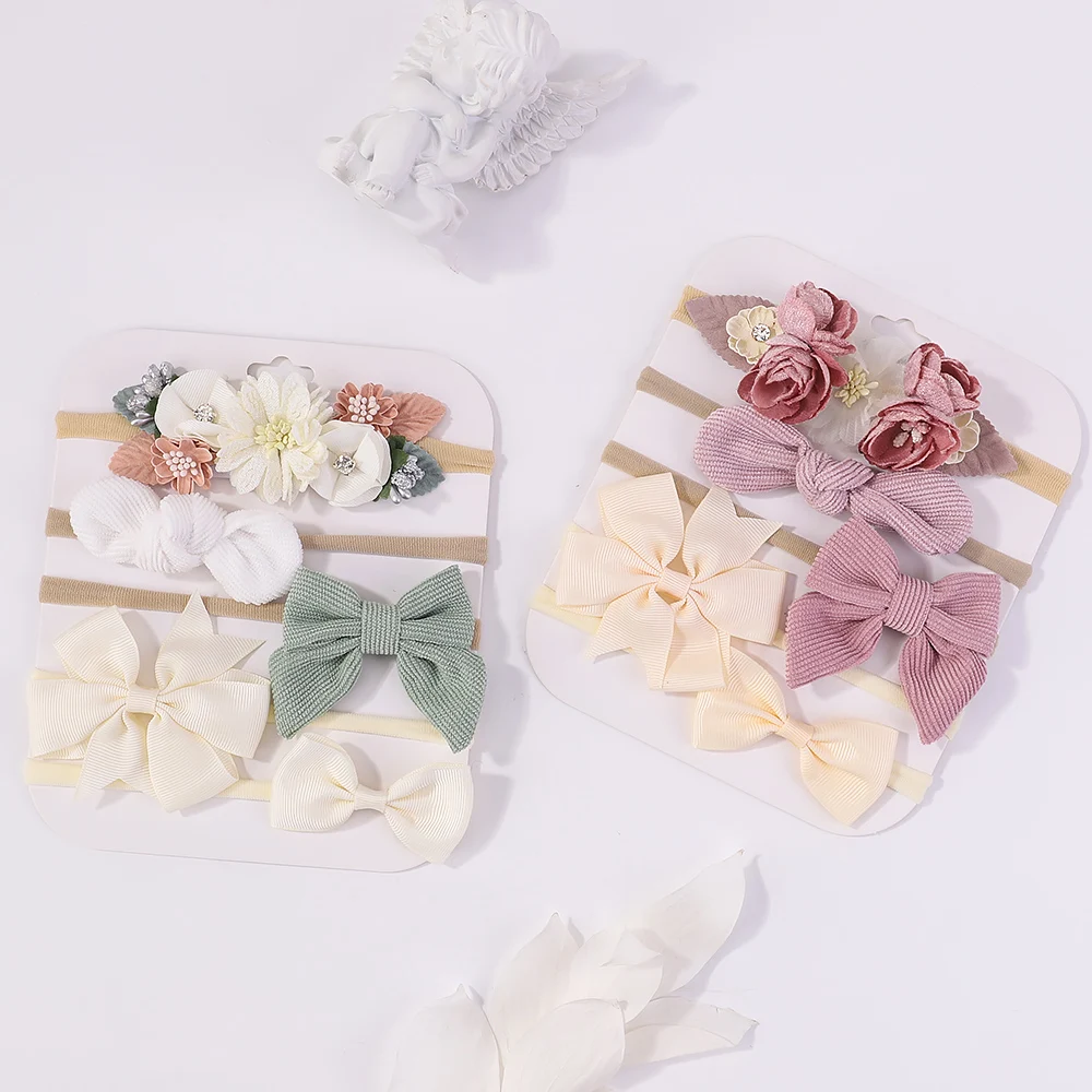 Sweet Elastic Headbands for Baby Girl New Bowknot Knit Nylon Headbands 5Pcs/set Pretty Flower Hairbands Decoration Headwear