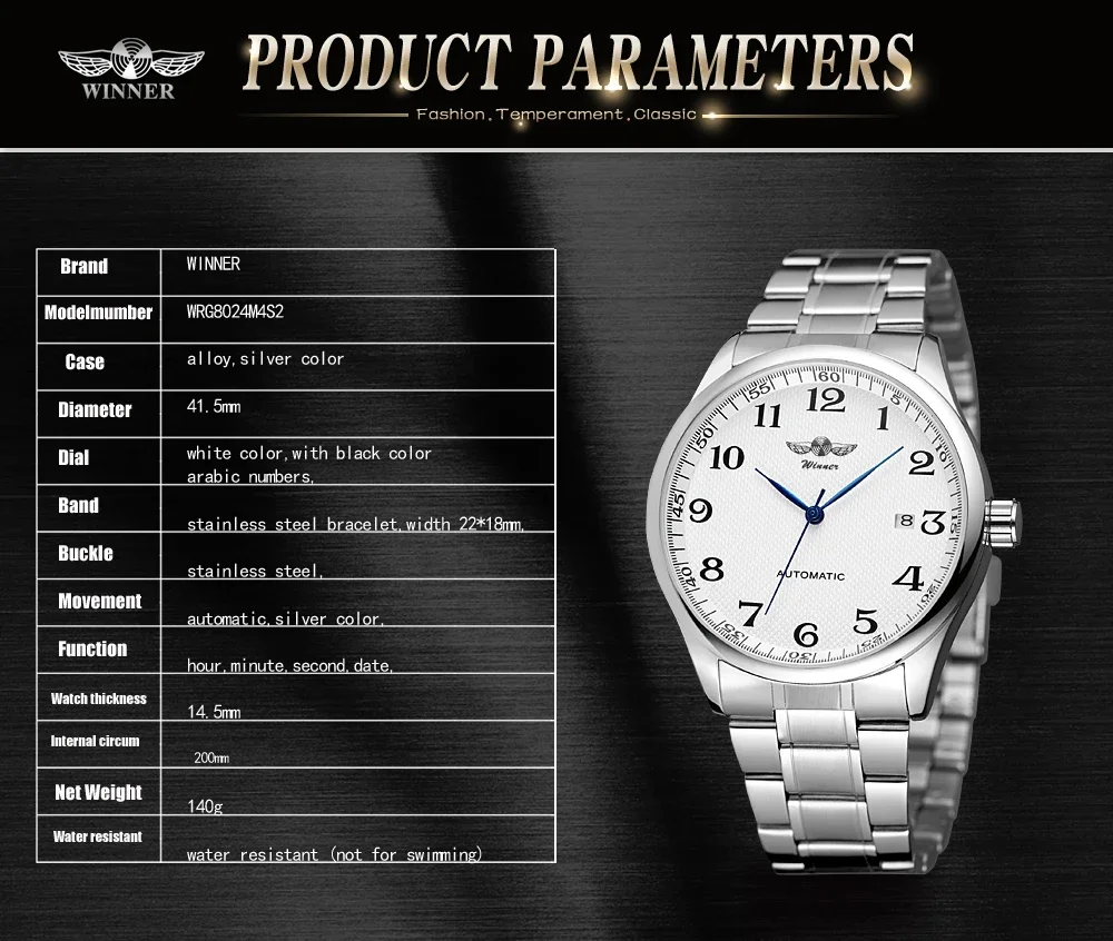 WINNER Watch Men Minimalist Business Watches Silver Stainless Steel White Dial Auto Date Automatic Mechanical Wristwatches Men