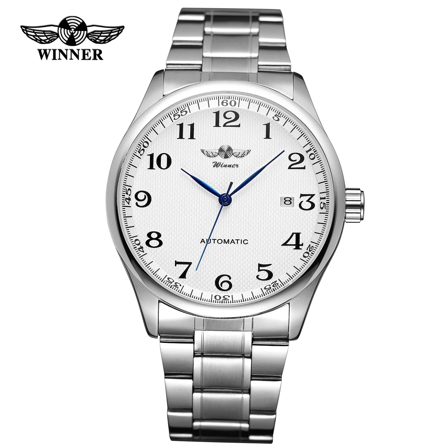 WINNER Watch Men Minimalist Business Watches Silver Stainless Steel White Dial Auto Date Automatic Mechanical Wristwatches Men