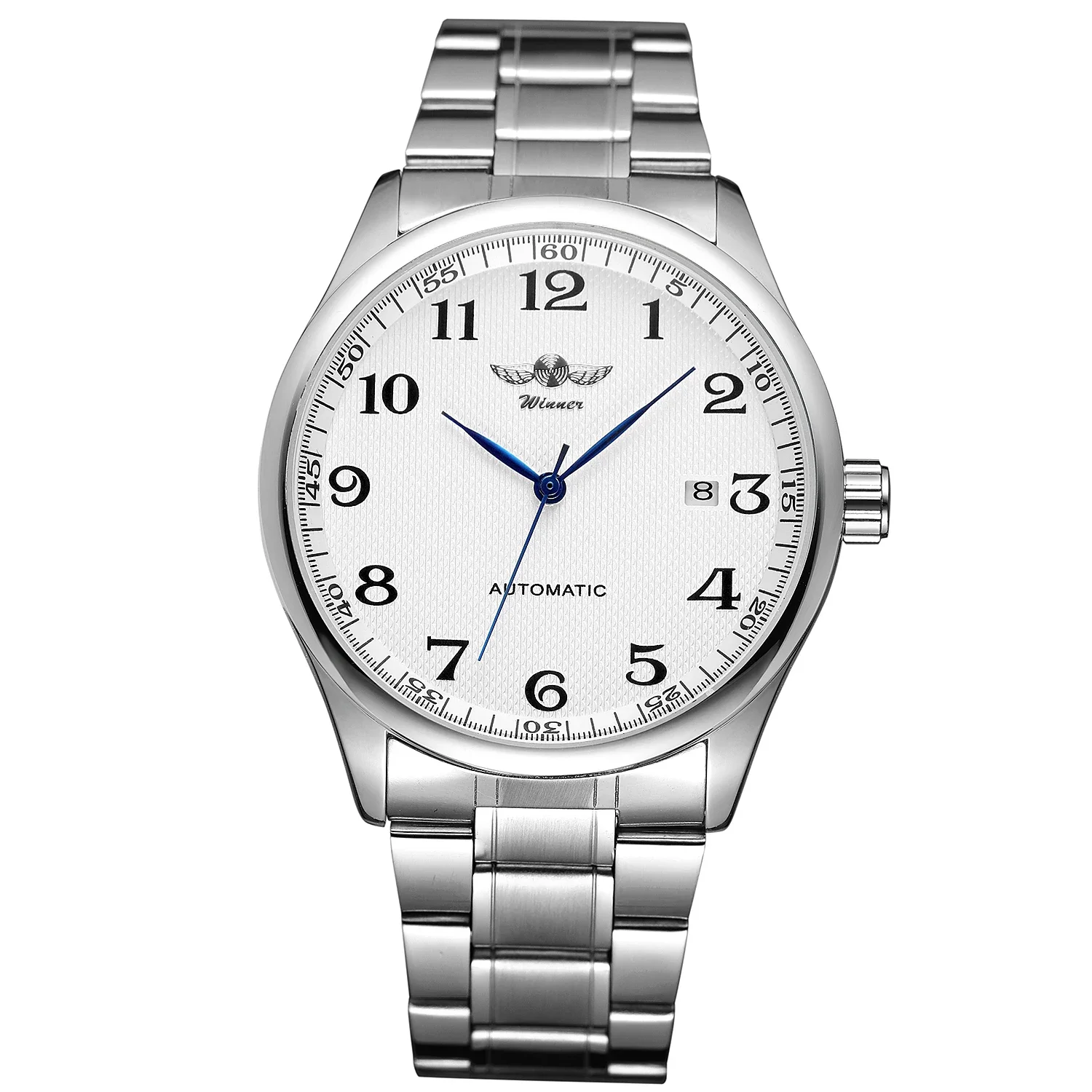 WINNER Watch Men Minimalist Business Watches Silver Stainless Steel White Dial Auto Date Automatic Mechanical Wristwatches Men