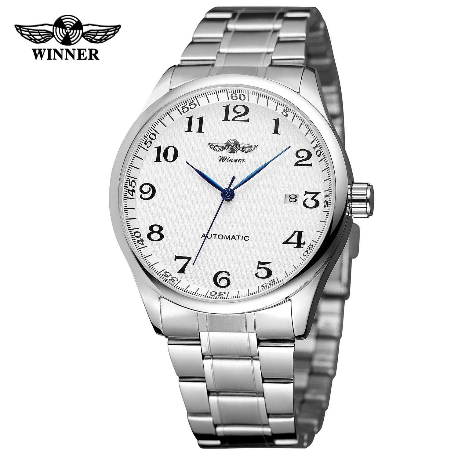 WINNER Watch Men Minimalist Business Watches Silver Stainless Steel White Dial Auto Date Automatic Mechanical Wristwatches Men