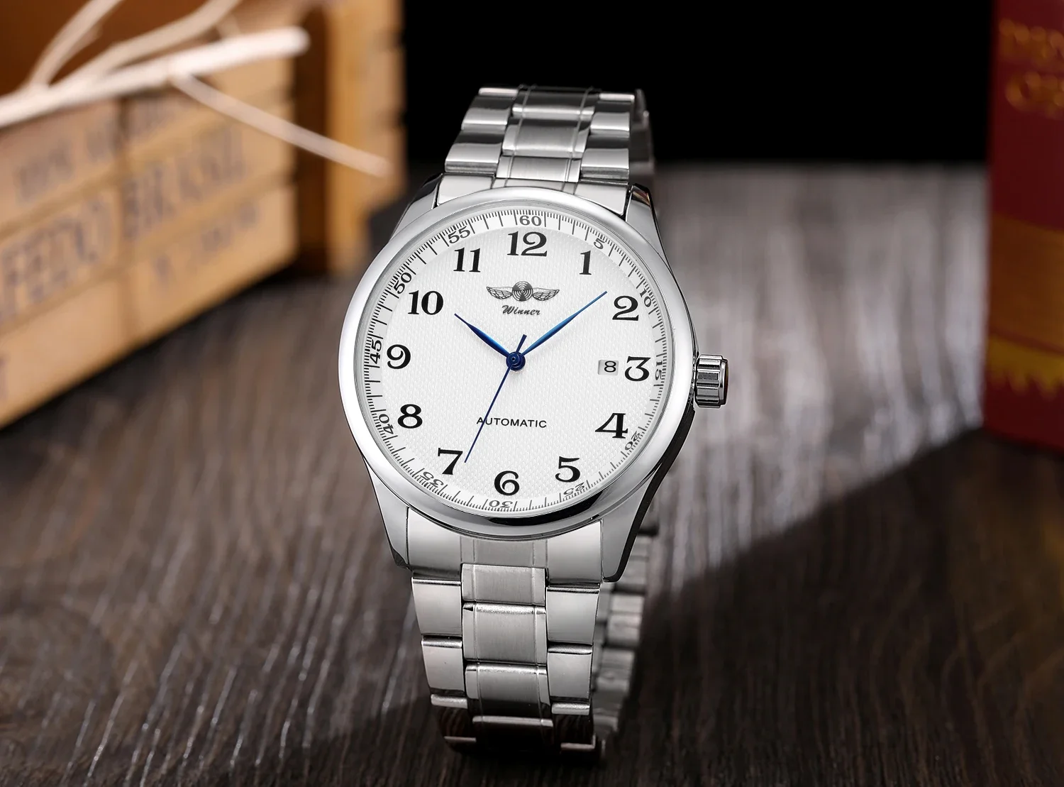 WINNER Watch Men Minimalist Business Watches Silver Stainless Steel White Dial Auto Date Automatic Mechanical Wristwatches Men