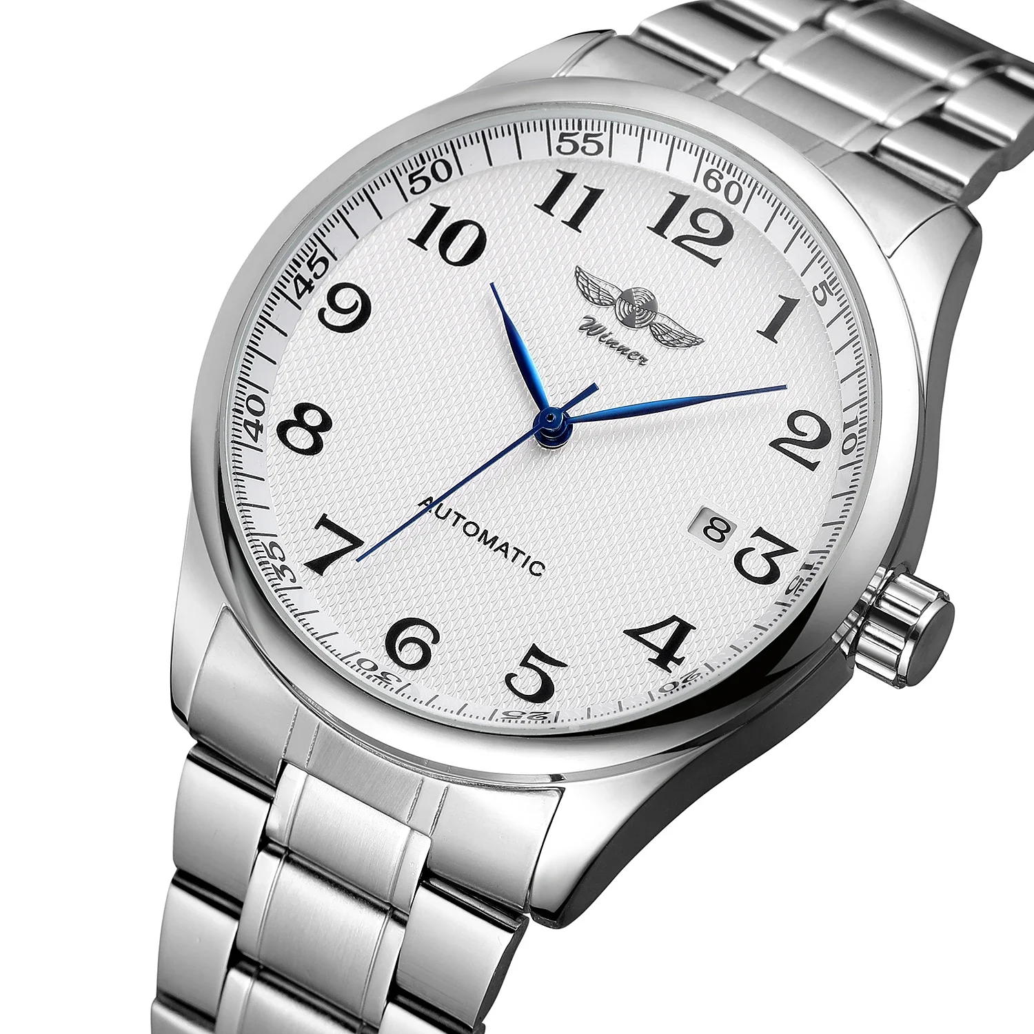 WINNER Watch Men Minimalist Business Watches Silver Stainless Steel White Dial Auto Date Automatic Mechanical Wristwatches Men