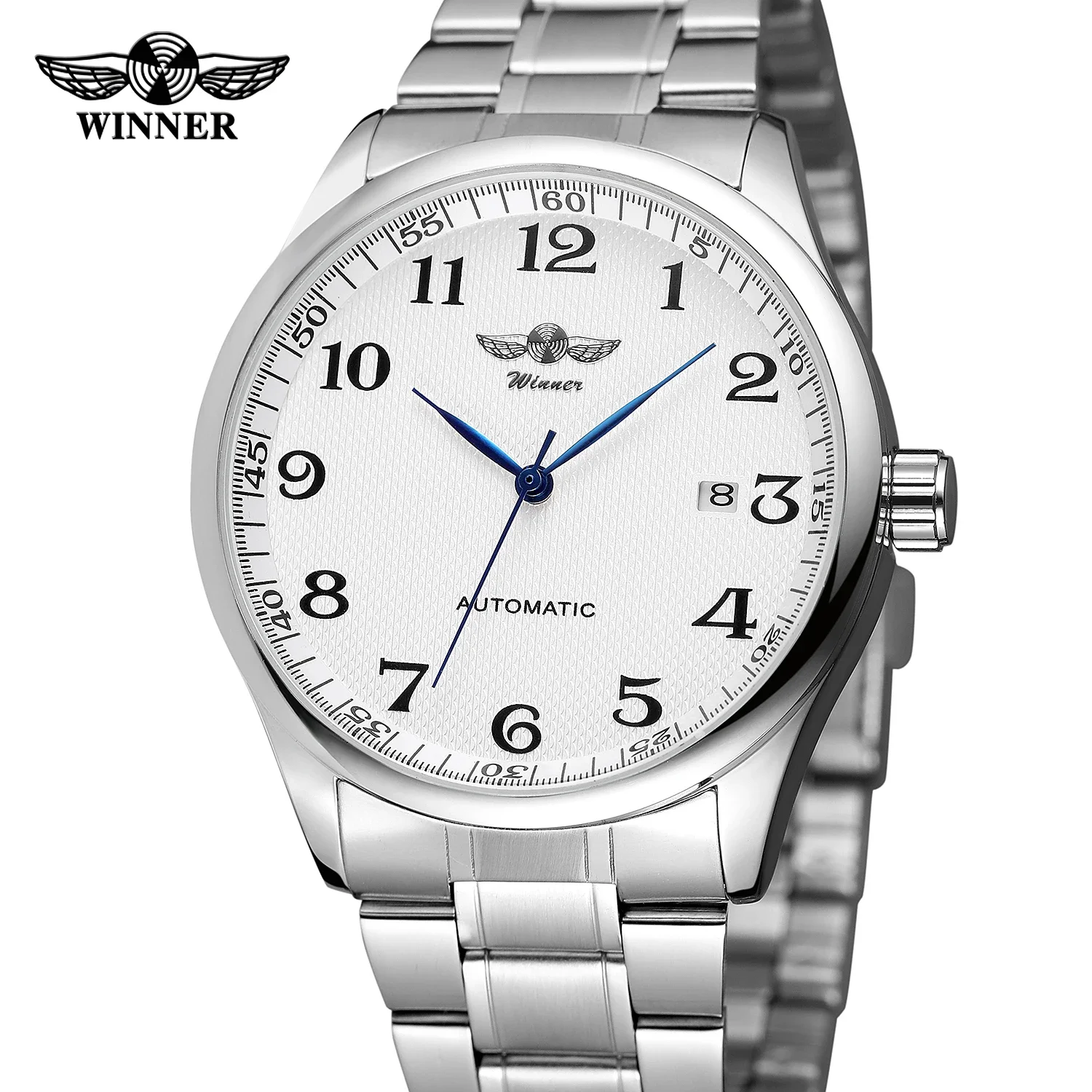 WINNER Watch Men Minimalist Business Watches Silver Stainless Steel White Dial Auto Date Automatic Mechanical Wristwatches Men