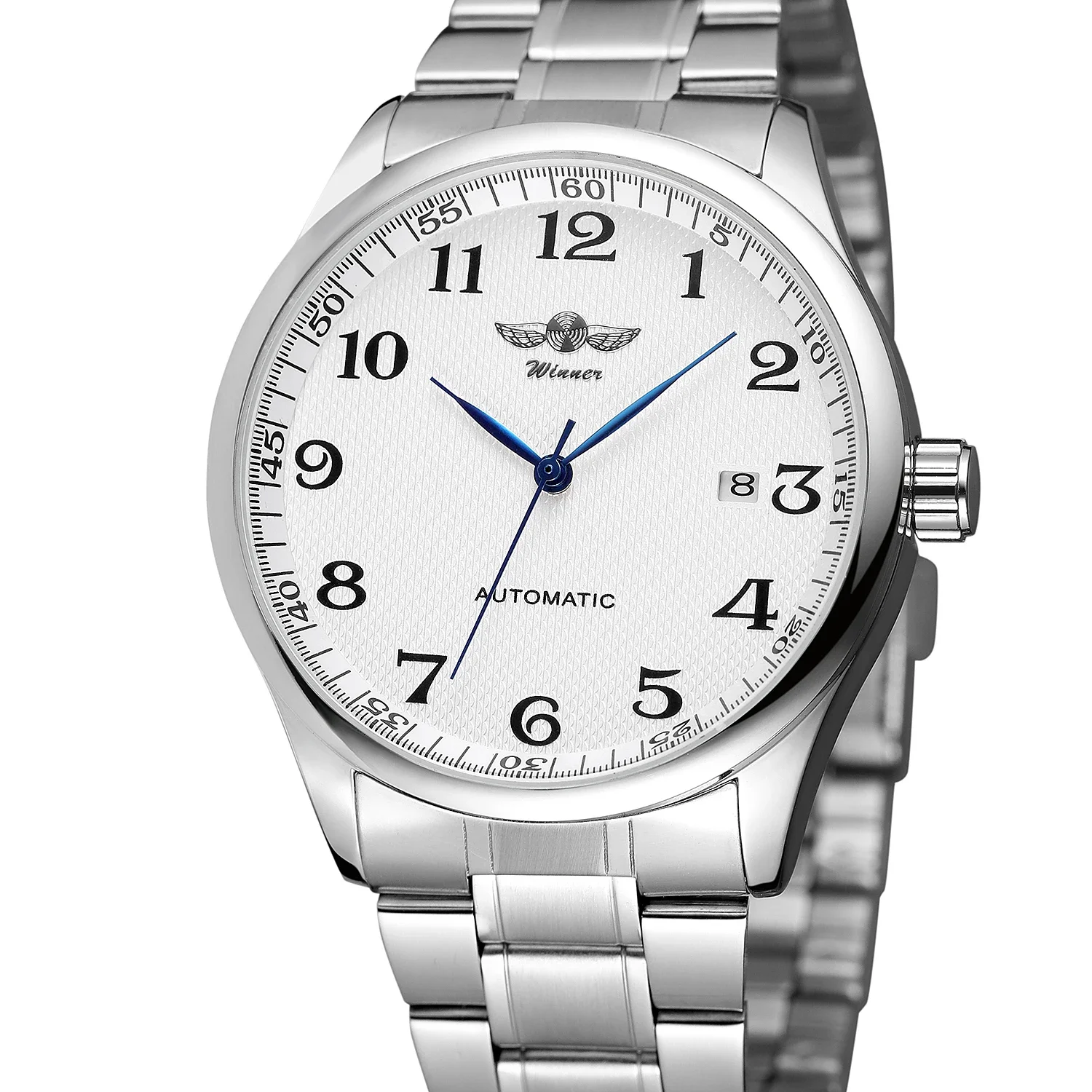 WINNER Watch Men Minimalist Business Watches Silver Stainless Steel White Dial Auto Date Automatic Mechanical Wristwatches Men