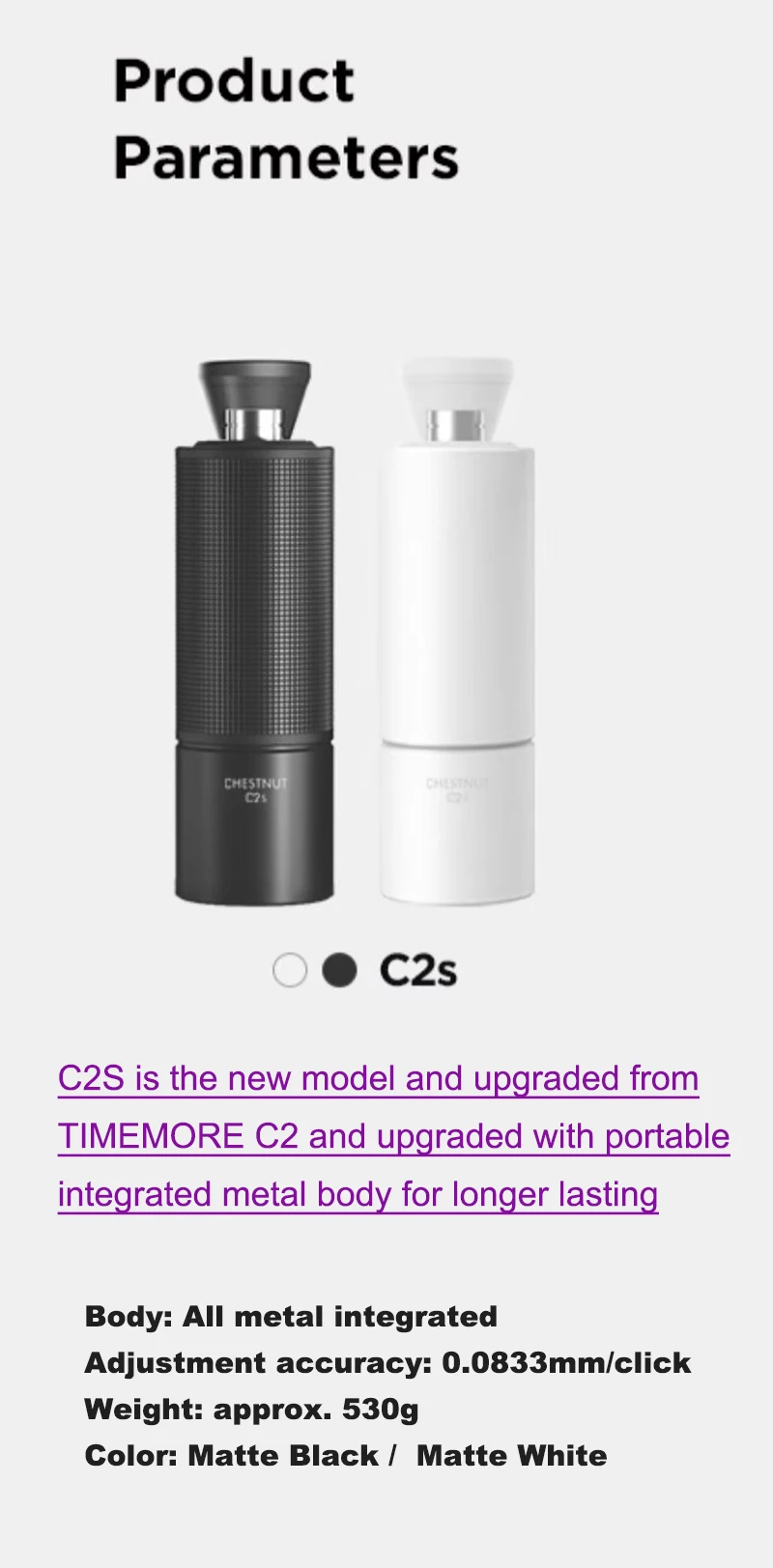 TIMEMORE Chestnut C2S Manual Coffee Grinder New Upgrade Integrated Metal Body Portable Hand Grinder Great For Travel Camping