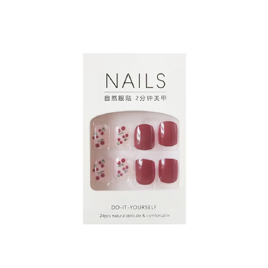 24PCS/1BOX Red Bow Gold Powder Checkerboard Fake Nails