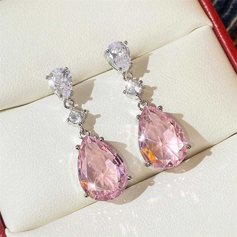 Huitan Temperament Sweet Pink Pear Cubic Zirconia Drop Earrings Women Engagement Party Exquisite Ear Accessories Fashion Jewelry