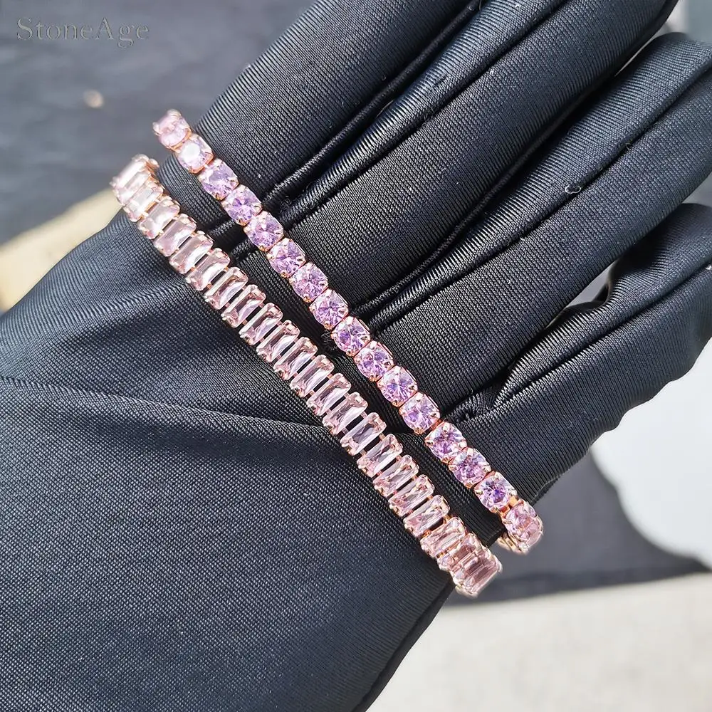 Pink Crystal Tennis Bracelets for Women Female Trend Romantic Shiny Zirconia Adjustable Folding Buckle Chain on Hand Jewelry