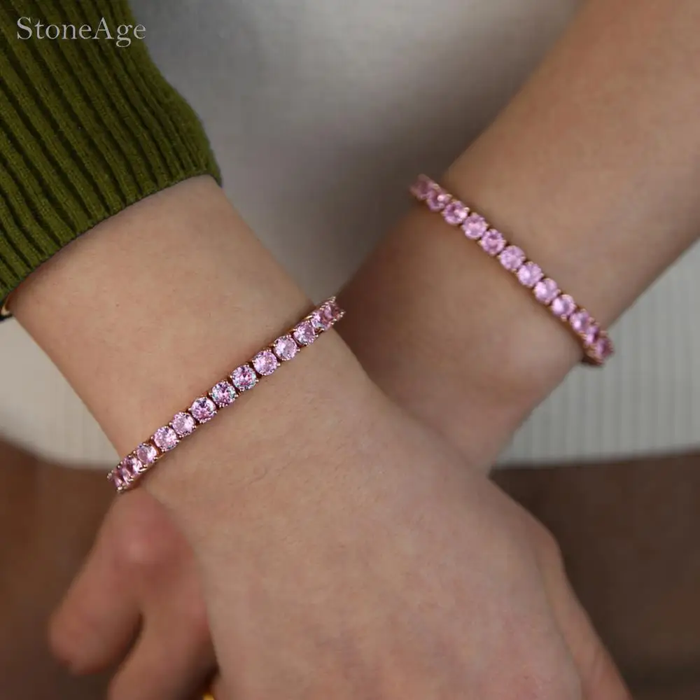 Pink Crystal Tennis Bracelets for Women Female Trend Romantic Shiny Zirconia Adjustable Folding Buckle Chain on Hand Jewelry