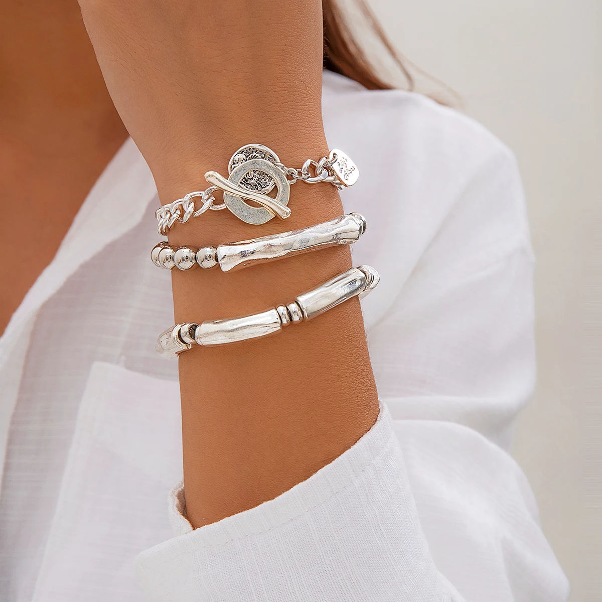 Ingemark 4Pcs/Set Vintage OT Buckle Coin Pendant Bracelet for Women on Hand Goth Open Charm Bangles Couple Friends Jewelry Gift
