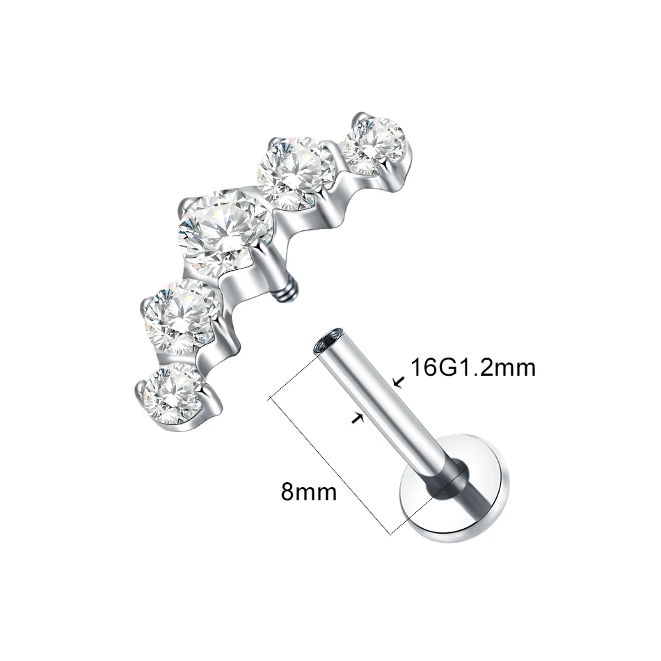 1/5PCS Titanium 16G 5 CZ Labret Lip Rings Crystal Cluster Ear Cartilage Tragus Helix Daith Conch Earring Piercings Jewelry
