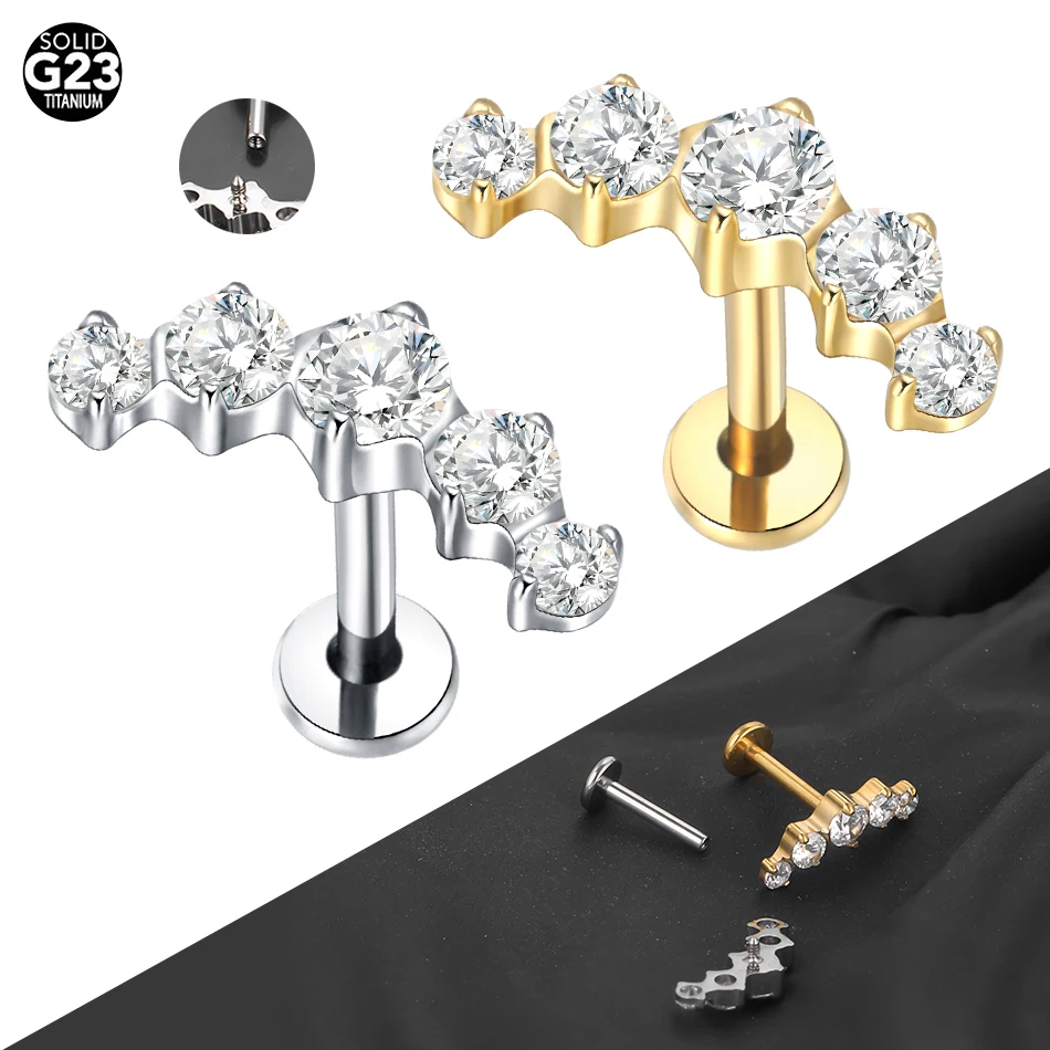 1/5PCS Titanium 16G 5 CZ Labret Lip Rings Crystal Cluster Ear Cartilage Tragus Helix Daith Conch Earring Piercings Jewelry