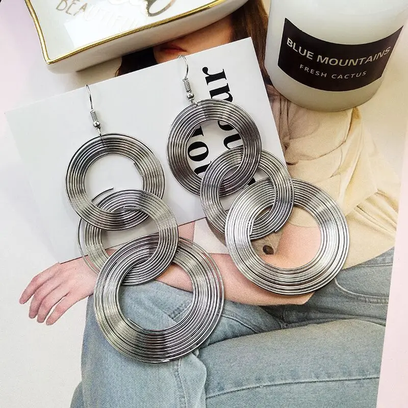 Exaggerate Round Statement Drop Earrings for Women European Party Big Jewelry Vintage Silver Color Metal Circle Long Earrings
