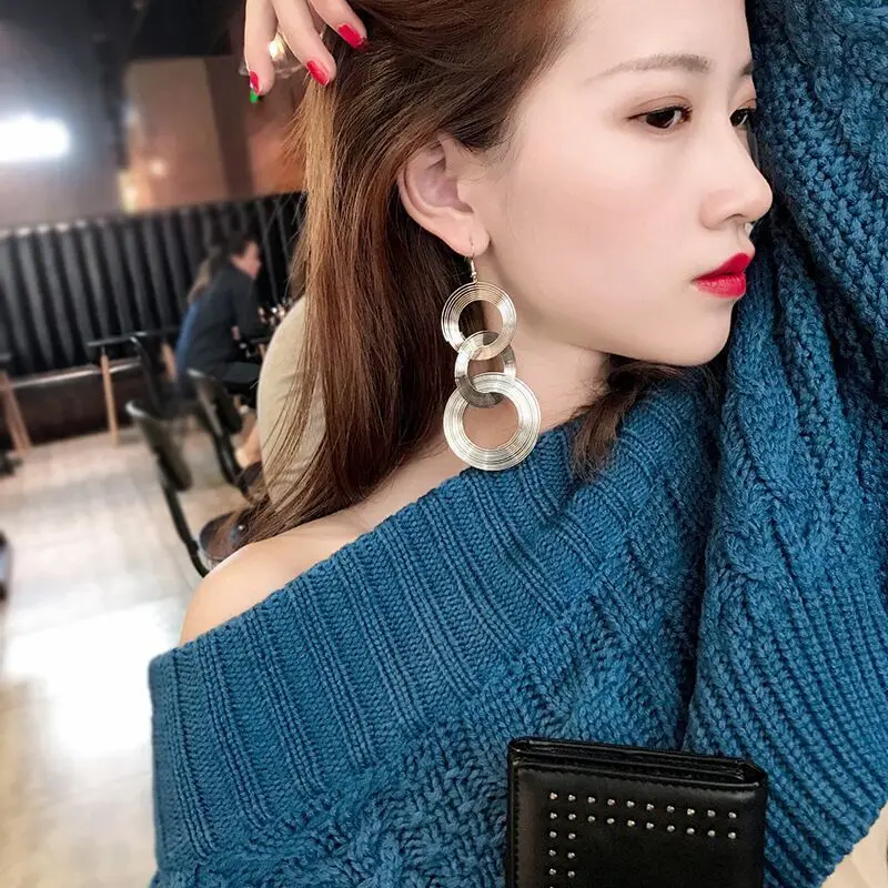 Exaggerate Round Statement Drop Earrings for Women European Party Big Jewelry Vintage Silver Color Metal Circle Long Earrings