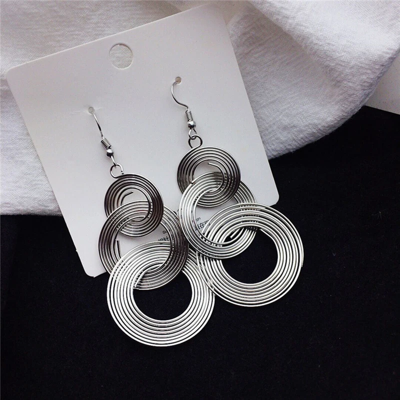 Exaggerate Round Statement Drop Earrings for Women European Party Big Jewelry Vintage Silver Color Metal Circle Long Earrings