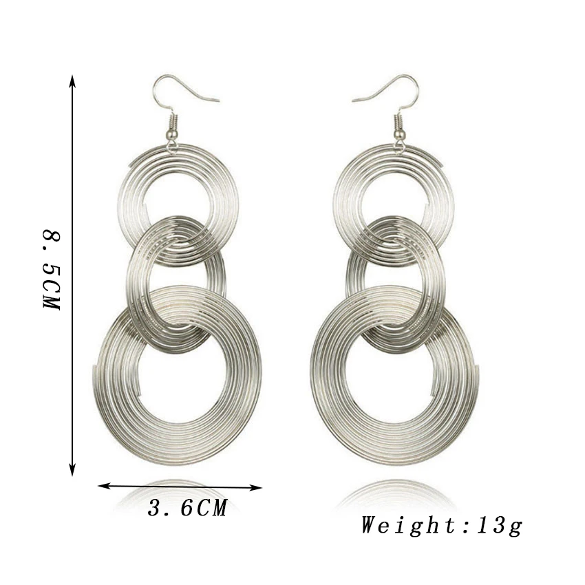 Exaggerate Round Statement Drop Earrings for Women European Party Big Jewelry Vintage Silver Color Metal Circle Long Earrings