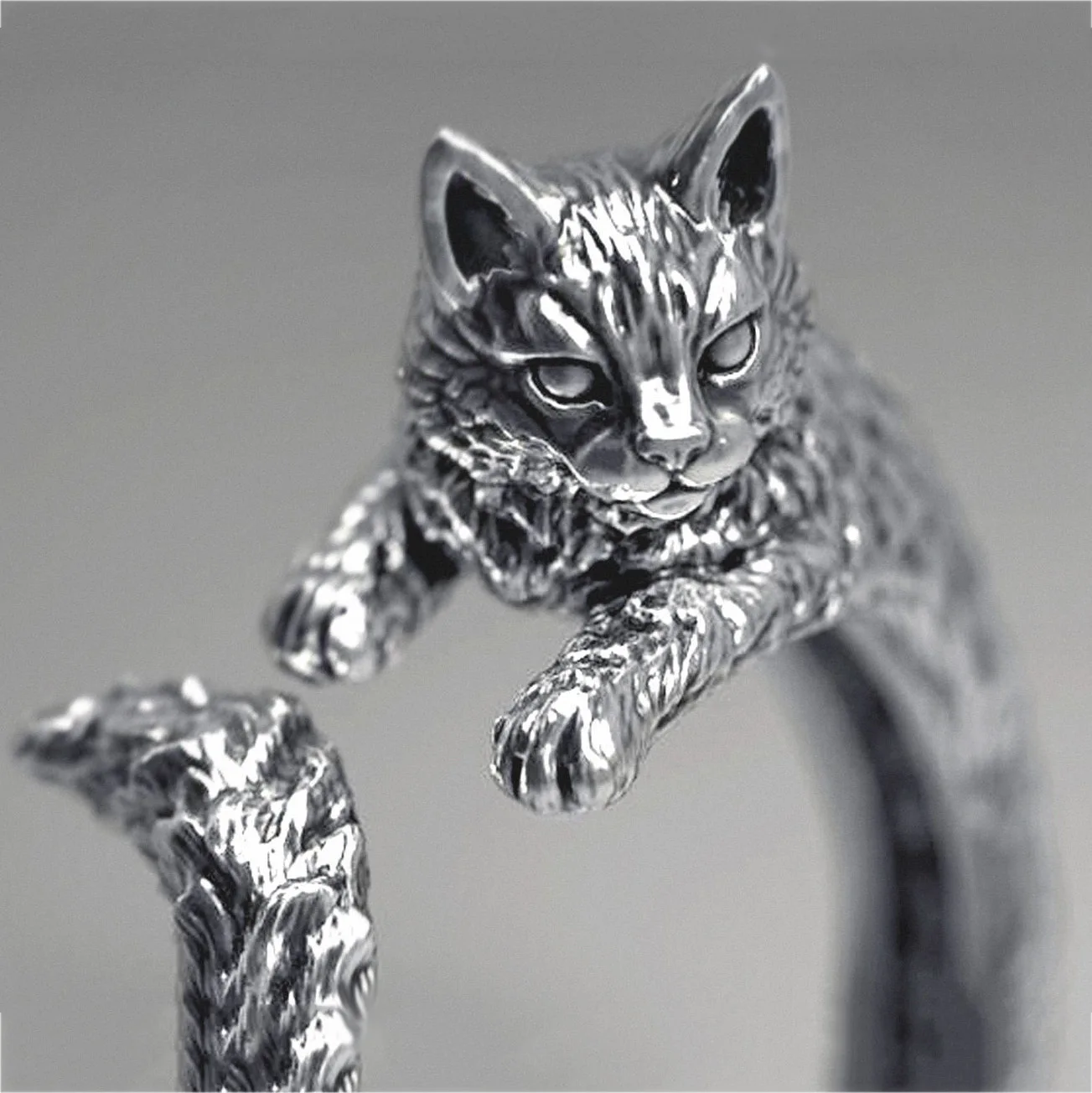 Retro Dark Cat Kitty Ring For Men Women Gothic Silver Color Adjustable Ring Pet Handmade Jewelry Accessories Unisex Lovers Gift