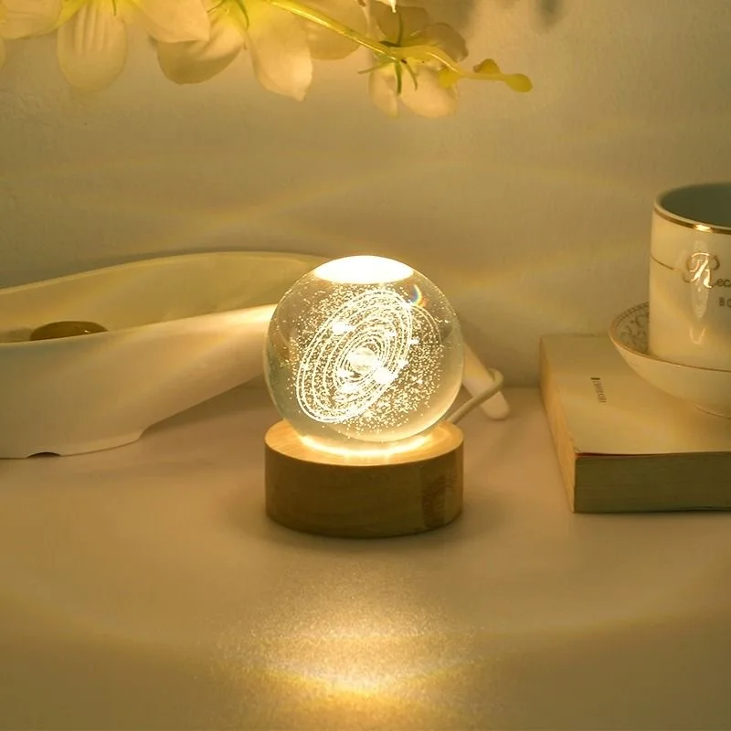 Crystal Ball Night Light Laser Engraved Birthday Gift Glass Sphere Home Desktop Decoration with Wooden USB Base