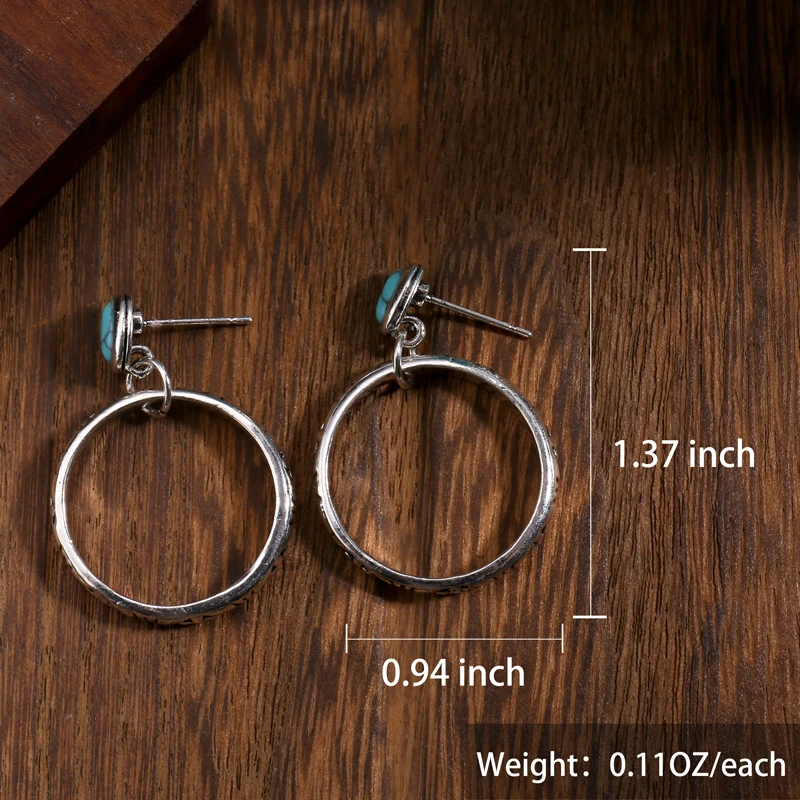 Vintage Metal Circle Red Stone Earrings Bohemian Jewelry Antique Silver Color Hollow Round Drop Earring for Women