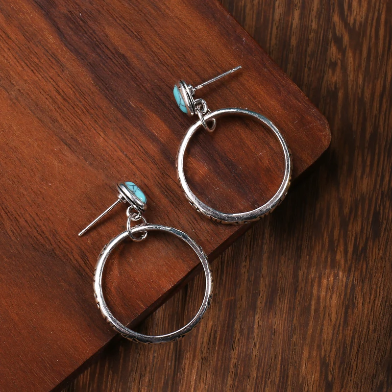 Vintage Metal Circle Red Stone Earrings Bohemian Jewelry Antique Silver Color Hollow Round Drop Earring for Women