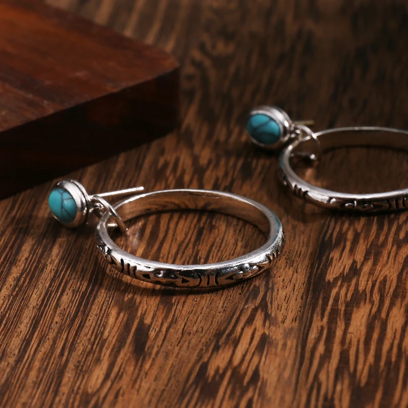 Vintage Metal Circle Red Stone Earrings Bohemian Jewelry Antique Silver Color Hollow Round Drop Earring for Women