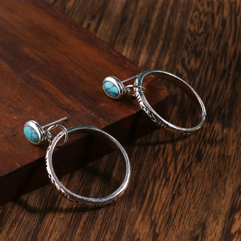 Vintage Metal Circle Red Stone Earrings Bohemian Jewelry Antique Silver Color Hollow Round Drop Earring for Women
