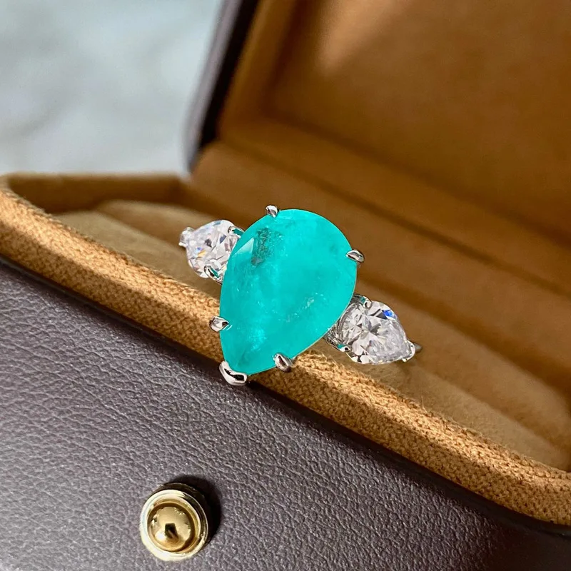 New Fashion Jewelry Paraiba Geometric Drop Gemstone Ring Light Luxury 925 Sterling Silver Ladies Birthday Jewelry Gift