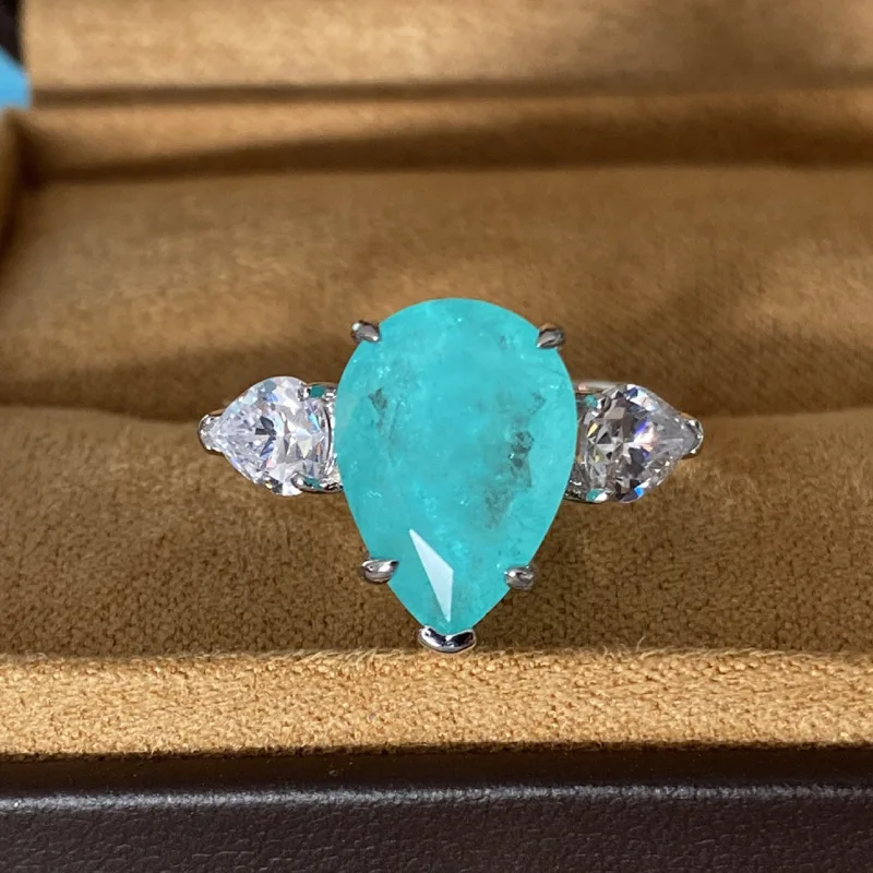 New Fashion Jewelry Paraiba Geometric Drop Gemstone Ring Light Luxury 925 Sterling Silver Ladies Birthday Jewelry Gift