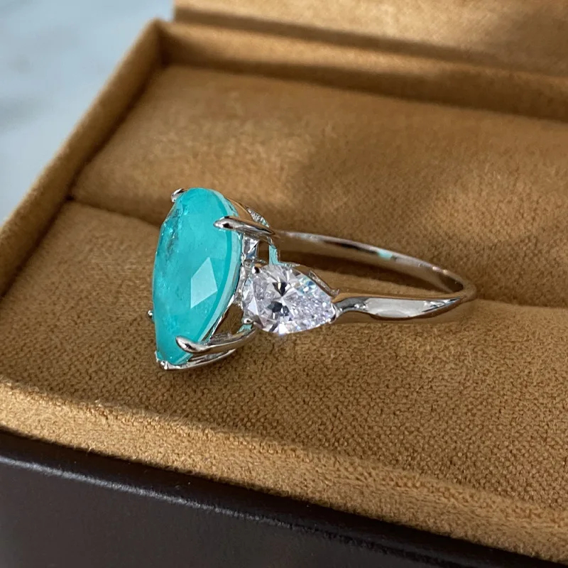 New Fashion Jewelry Paraiba Geometric Drop Gemstone Ring Light Luxury 925 Sterling Silver Ladies Birthday Jewelry Gift