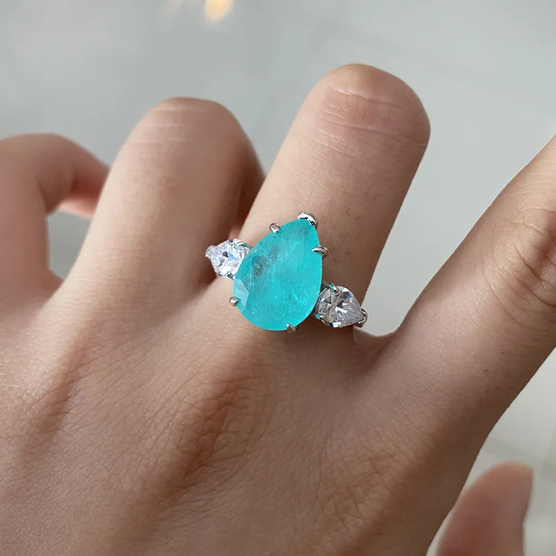 New Fashion Jewelry Paraiba Geometric Drop Gemstone Ring Light Luxury 925 Sterling Silver Ladies Birthday Jewelry Gift