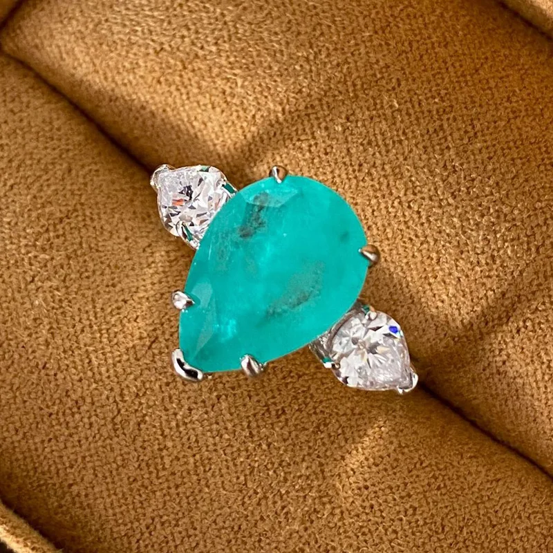New Fashion Jewelry Paraiba Geometric Drop Gemstone Ring Light Luxury 925 Sterling Silver Ladies Birthday Jewelry Gift