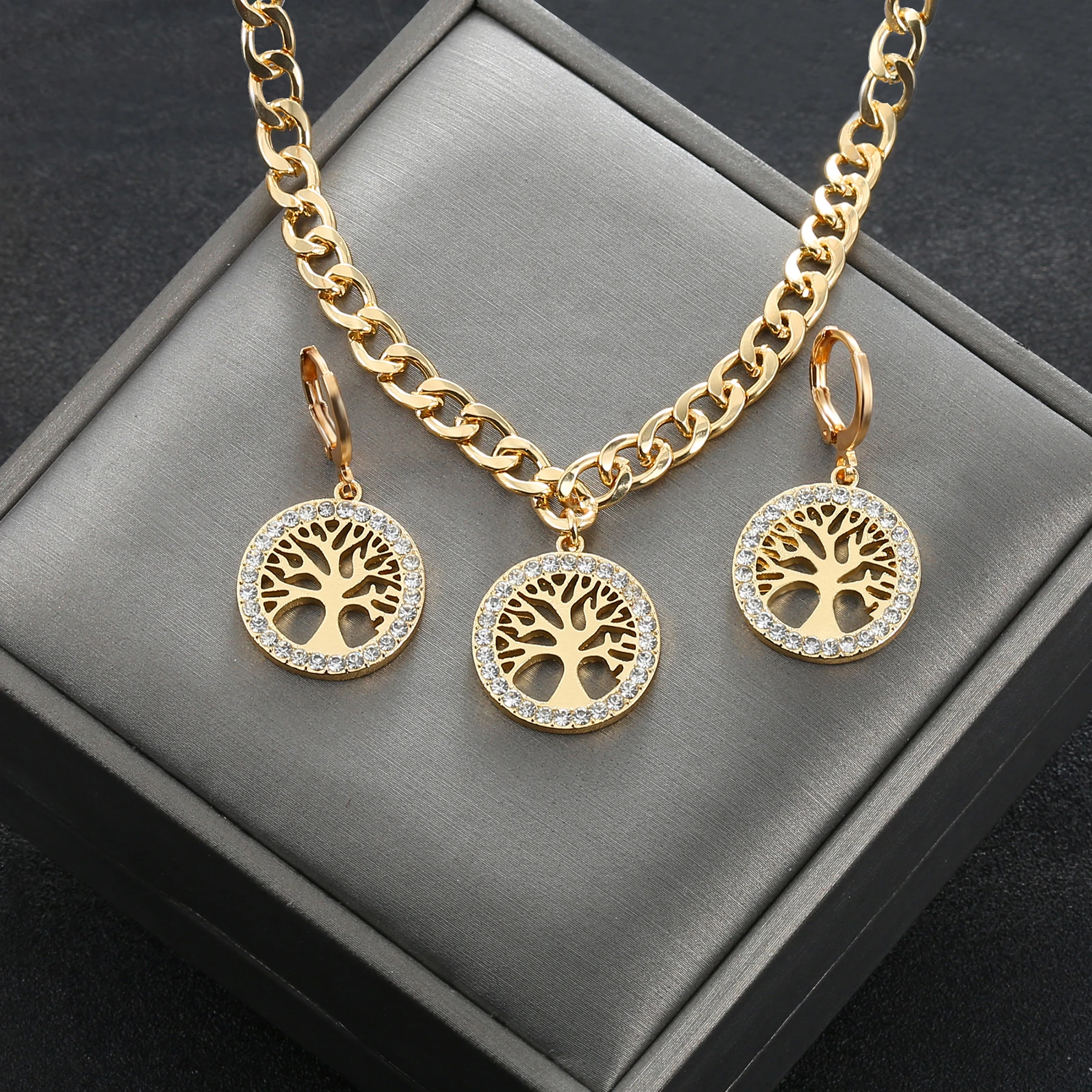 316L Stainless Steel Jewelry Set Rhinestone Tree of Life Pendant Necklace Hoop Earrings For Women Fashion Gold Gift Accessories