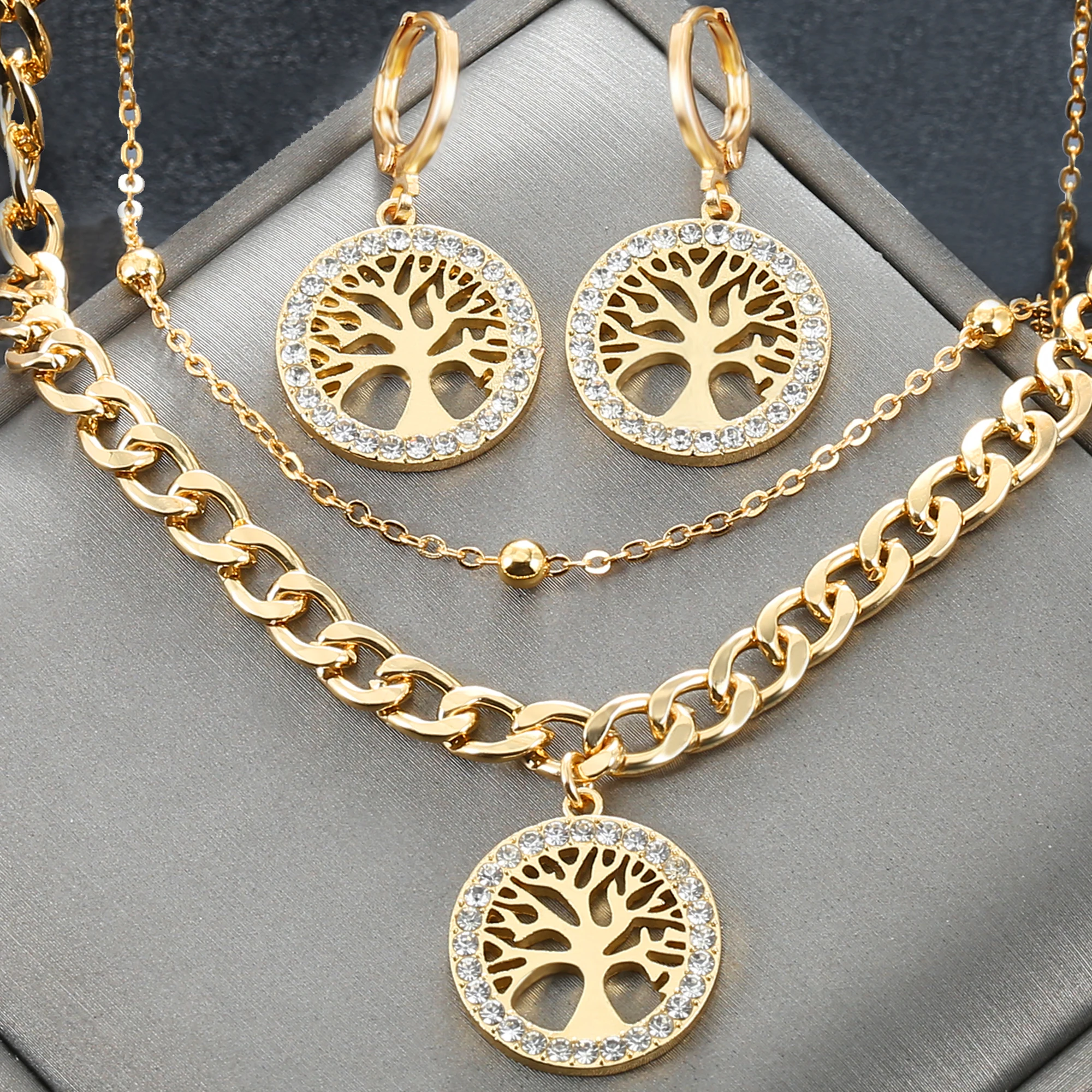 316L Stainless Steel Jewelry Set Rhinestone Tree of Life Pendant Necklace Hoop Earrings For Women Fashion Gold Gift Accessories