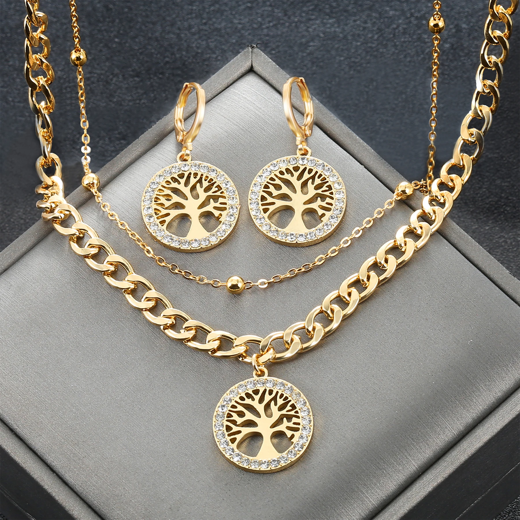 316L Stainless Steel Jewelry Set Rhinestone Tree of Life Pendant Necklace Hoop Earrings For Women Fashion Gold Gift Accessories