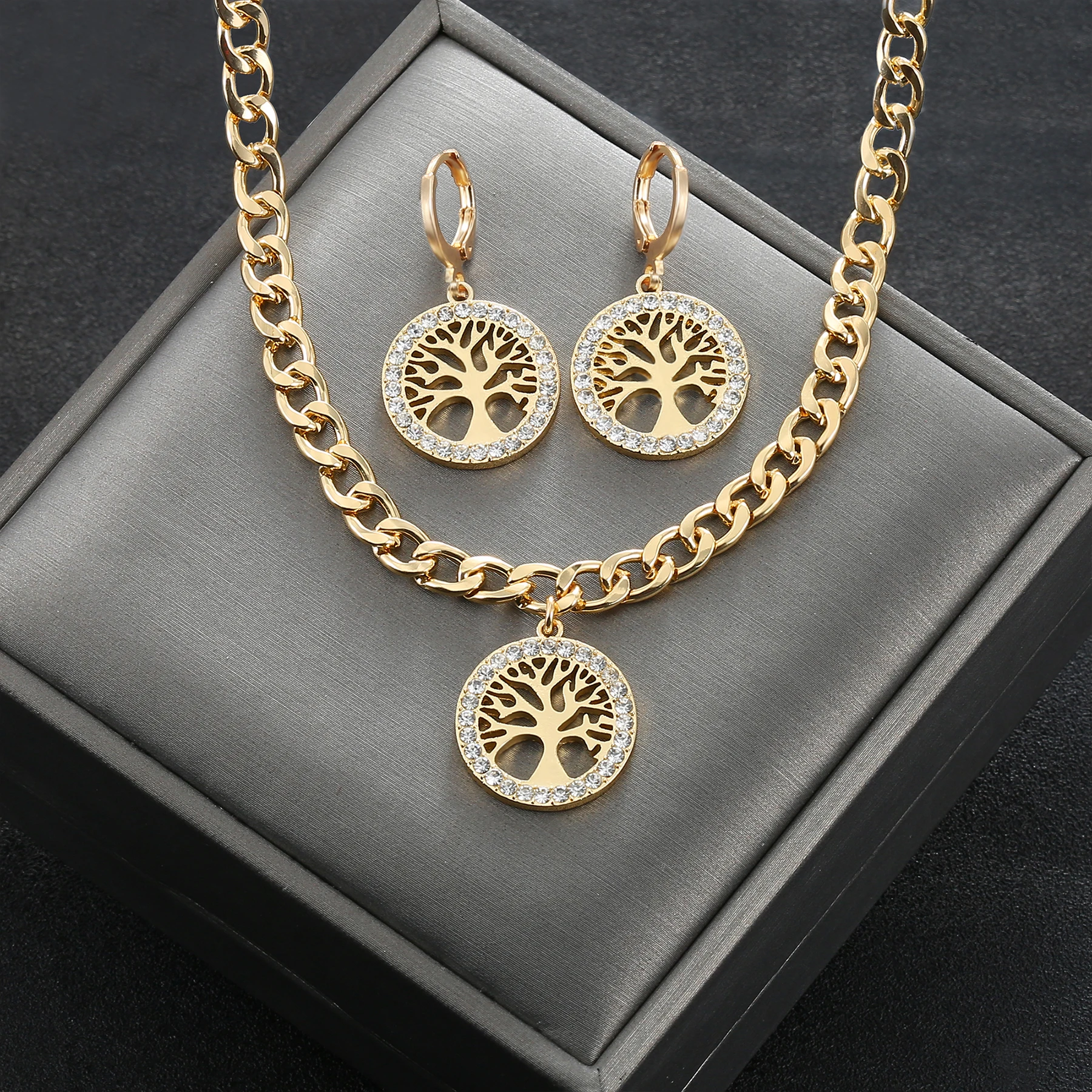 316L Stainless Steel Jewelry Set Rhinestone Tree of Life Pendant Necklace Hoop Earrings For Women Fashion Gold Gift Accessories