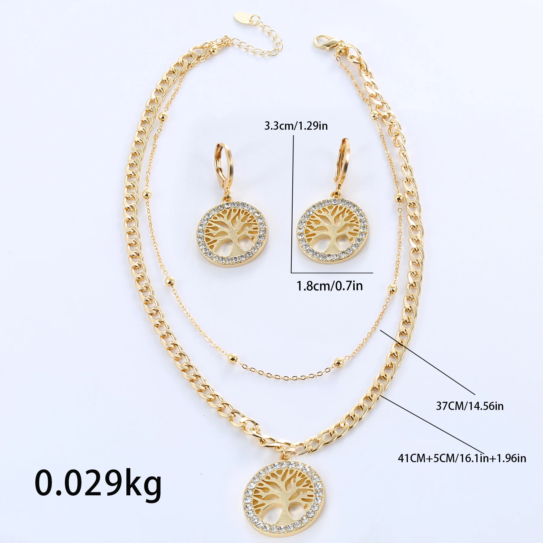 316L Stainless Steel Jewelry Set Rhinestone Tree of Life Pendant Necklace Hoop Earrings For Women Fashion Gold Gift Accessories