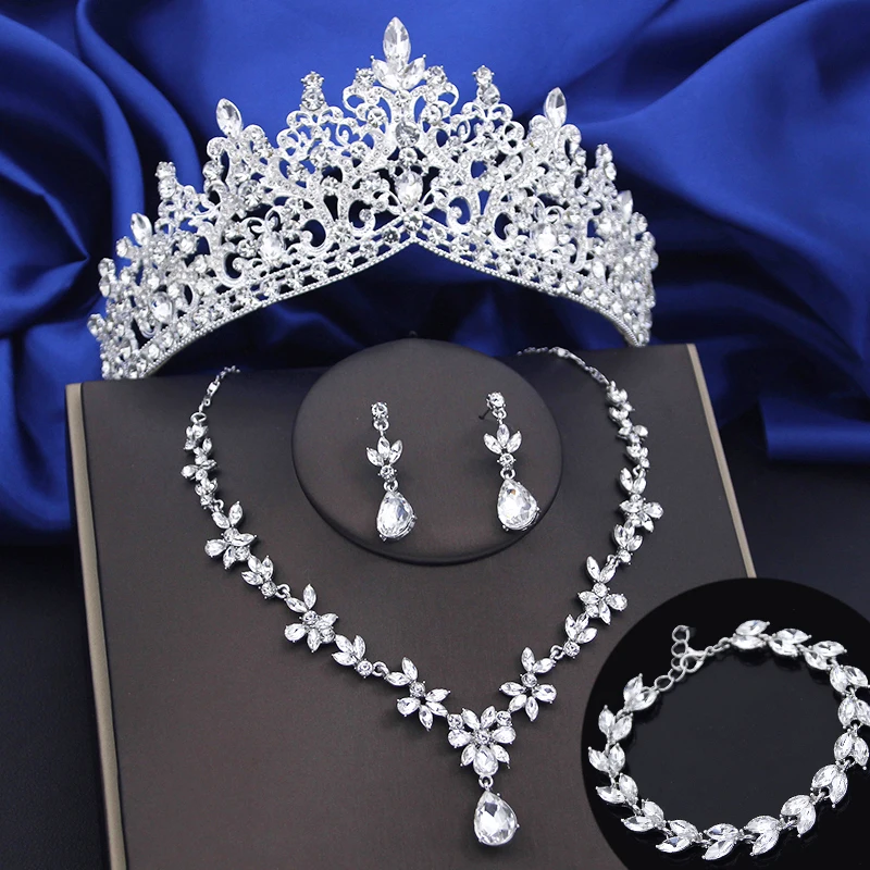4 Pcs Lime Green Crown Jewelry Sets for Women Fashion Tiaras Bracelets Earrings and Necklace Sets Bride Wedding Prom Accessories