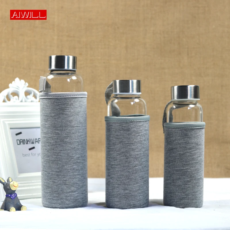 AIWILL Hot Selling Glass Sport Water Bottle With Protective Bag 280ml / 360ml / 550ml Fruit Outdoor Bike Bottles High Quality
