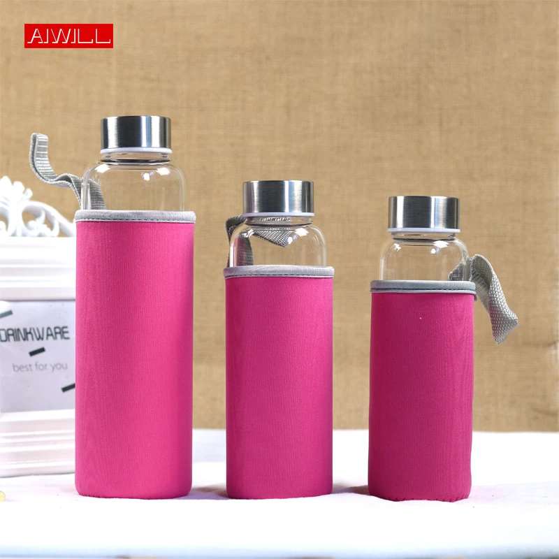 AIWILL Hot Selling Glass Sport Water Bottle With Protective Bag 280ml / 360ml / 550ml Fruit Outdoor Bike Bottles High Quality